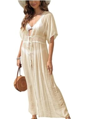 Boho Gauzy Cream Lace-Trim Maxi Cover Up
